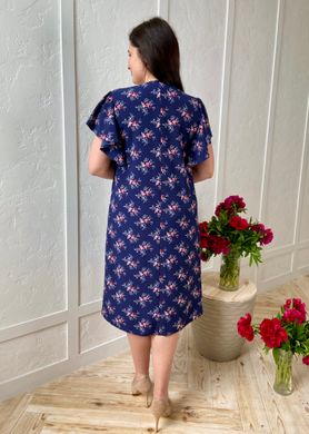 A romantic spring dress. Coral roses on blue.42564851250, 50